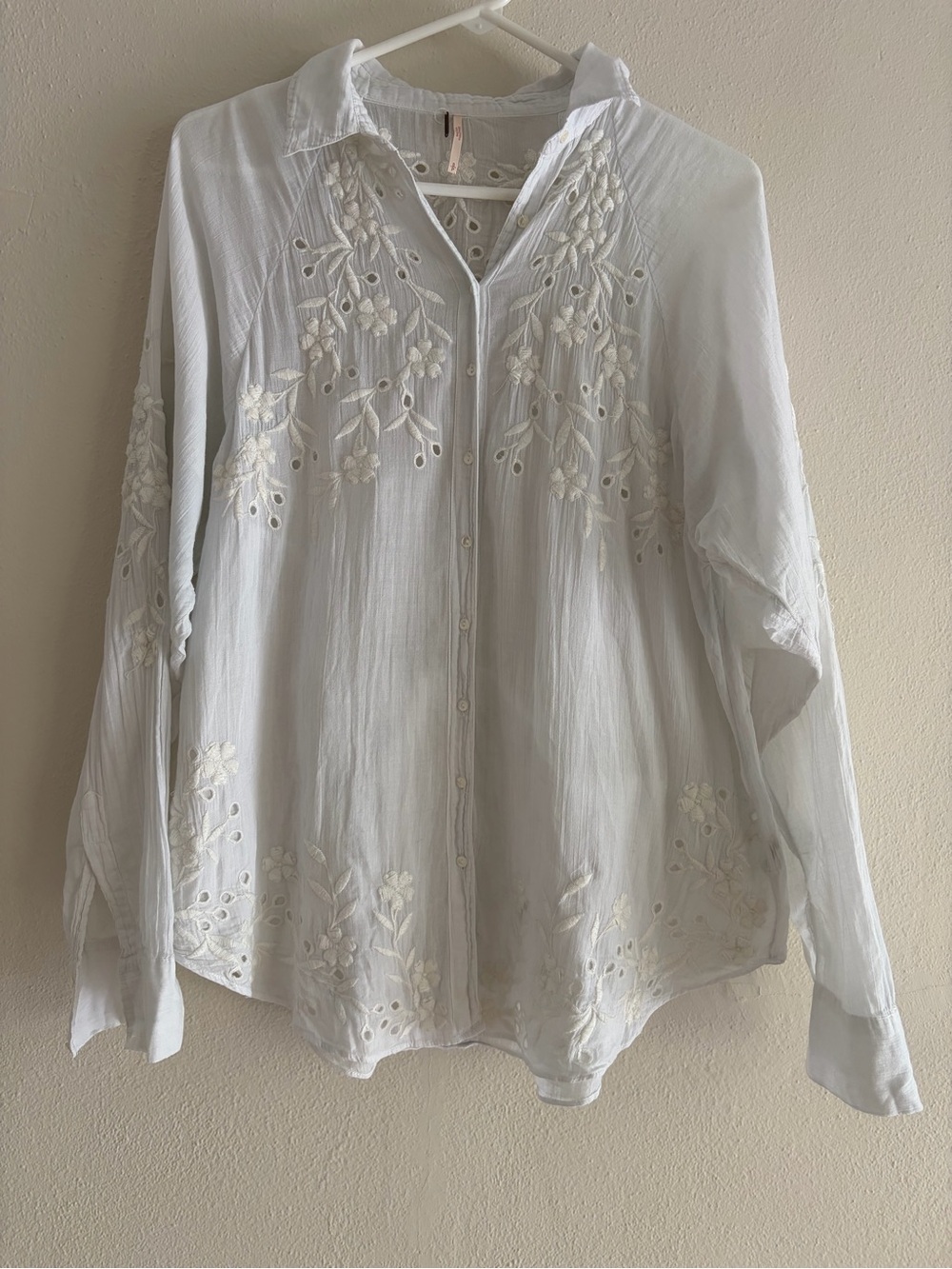 Free People White Embroidered Button-Down Blouse